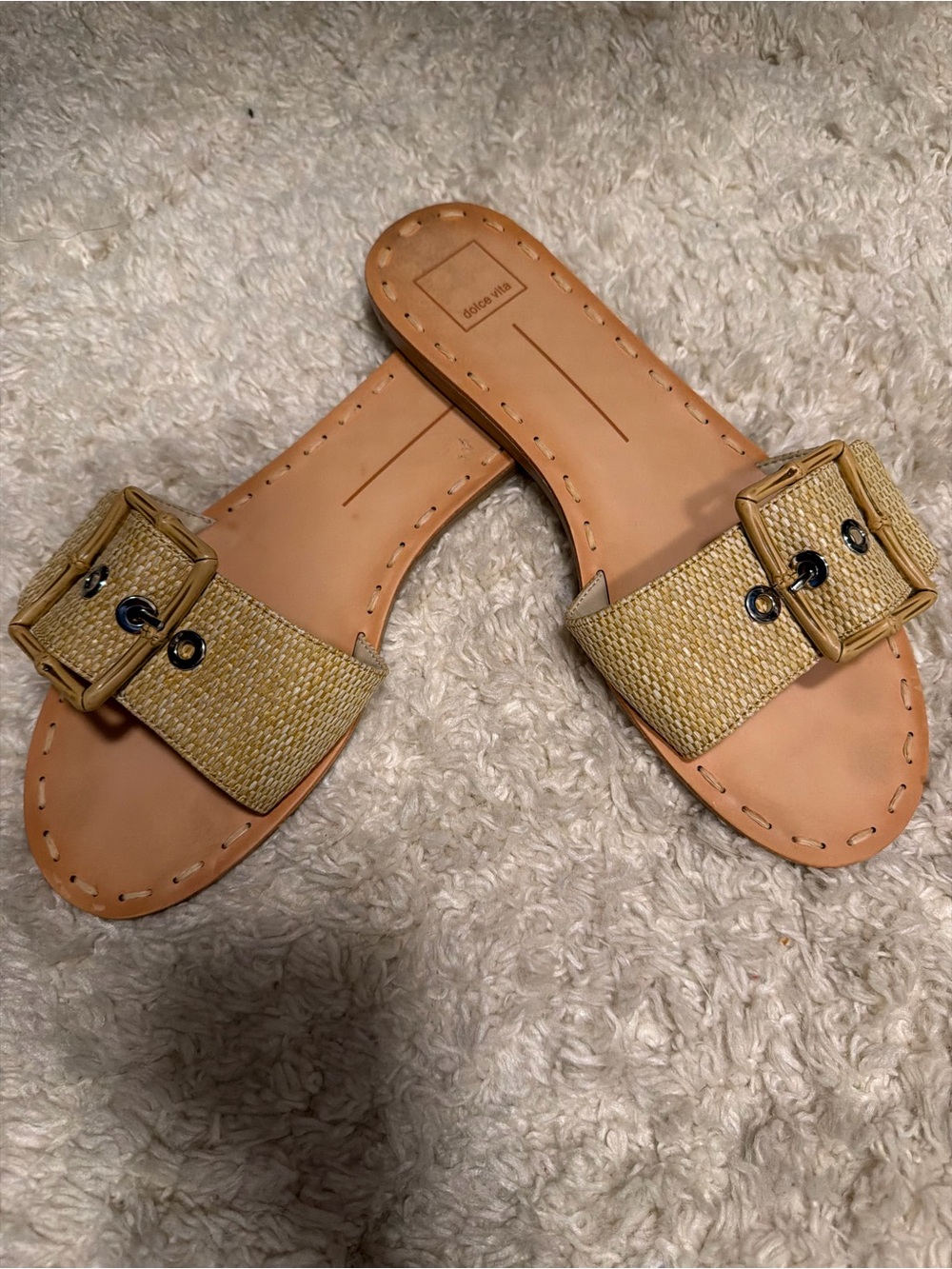 Woven Buckle Slide Sandals - Beige/Tan